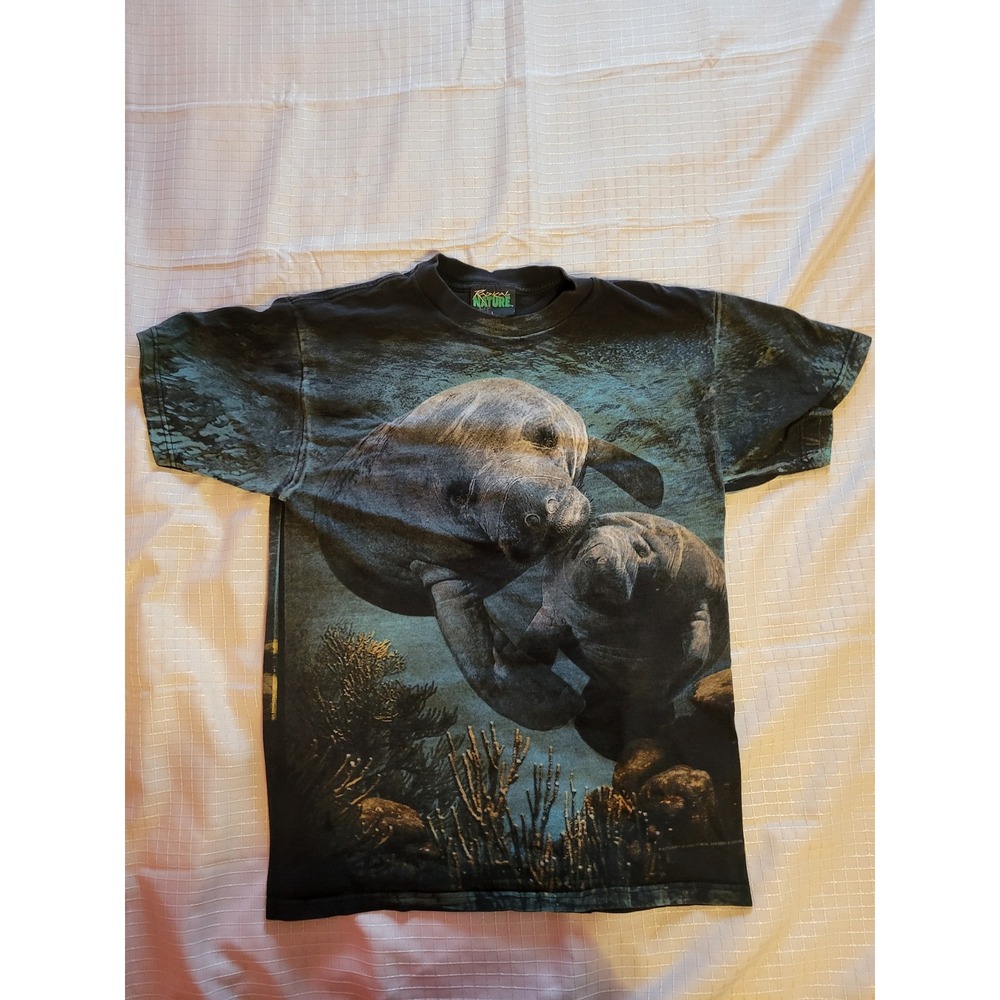Radical Nature Manatee All Over Print T-Shirt Vintage Style Black Large Cotton